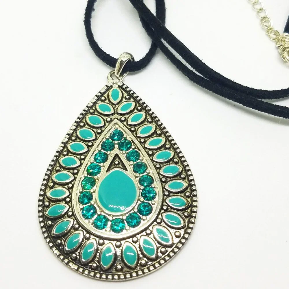 Turquoise Blue Rhinestone & Enamel Accent Silver Teardrop Southwest SW Necklace